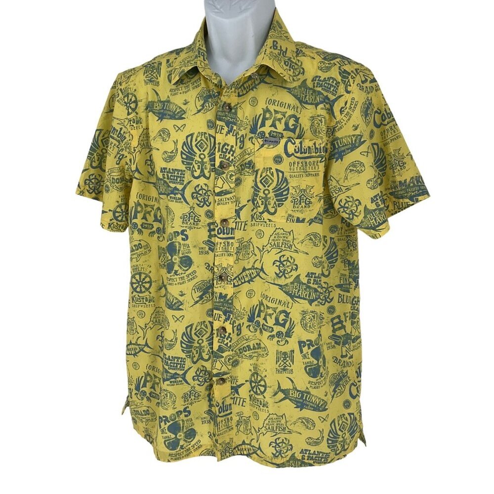 Columbia PFG Omni-Shade Casual Button-Down Shirt Men Size S/P fishing yellow